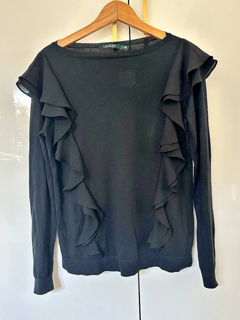 Lauren Ralph Lauren Black Ruffle Front Sweater Large NWT